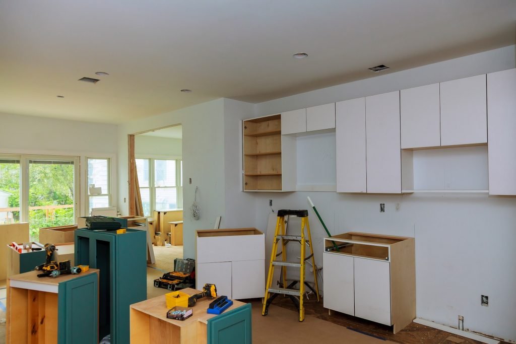 Interior design construction of a kitchen with cooker extractor fan hood