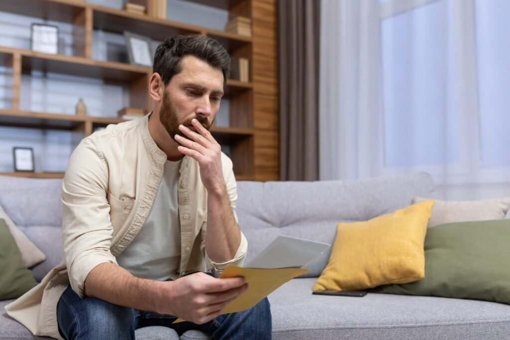 Shocked man sitting at home, holding a letter. Got bad news, divorce papers, financial debt