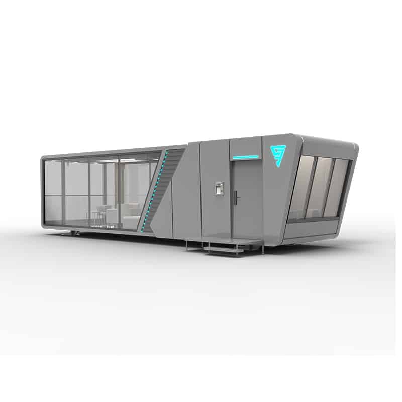 Cápsula prefabricada moderna, ilustrando una solución de construcción eficiente y versátil con diseño compacto y funcional