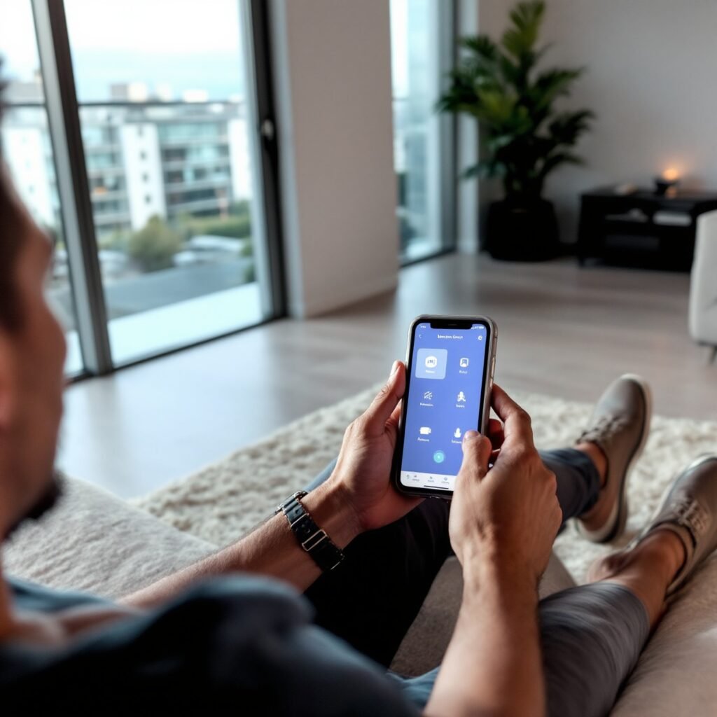 Persona controlando su casa con automatización hogar económica desde un smartphone.