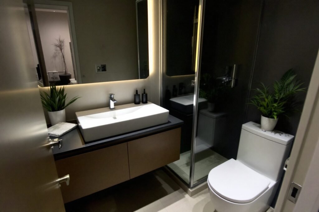 Un baño pequeño, moderno y bien diseñado, ilustrando cómo reformar un baño pequeño con estilo.