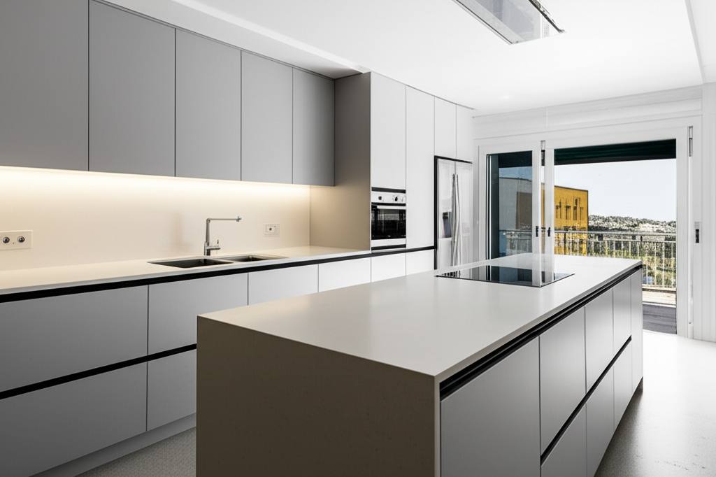 Reforma de cocina abierta al salón en Dénia con Lavtion: isla central, integración de electrodomésticos y luz natural.